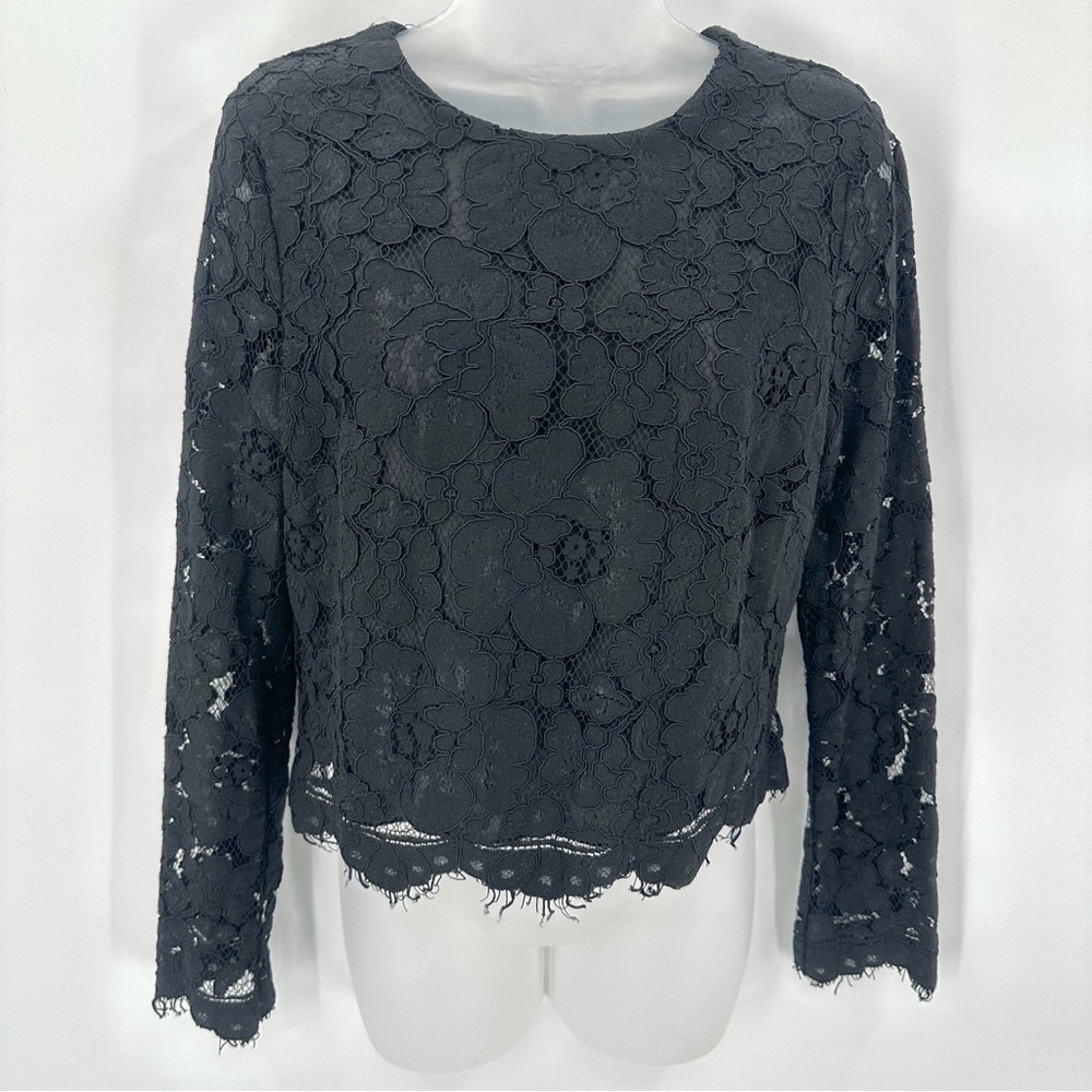 WAYF Top Womens S Black Lace Goth Exposed Zipper Scallop Hem Long Sleeve Goth